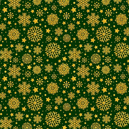 Tricoline Natal Flocos Dourado Fundo Verde, 50cm x 1,50mt