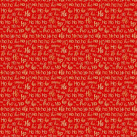 Tricoline Natal Ho Ho Dourado Fundo Vermelho, 50cm x 1,50mt