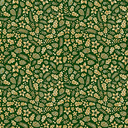 Tricoline Natal Folhagens Douradas F. Verde, 50cm x 1,50mt