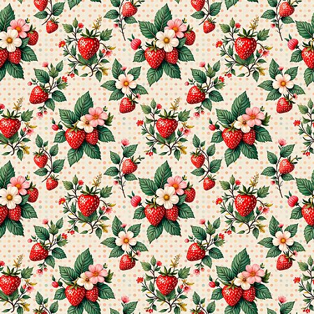 Tricoline Morangos Handmade, 100% Algodão, 50cm x 1,50mt