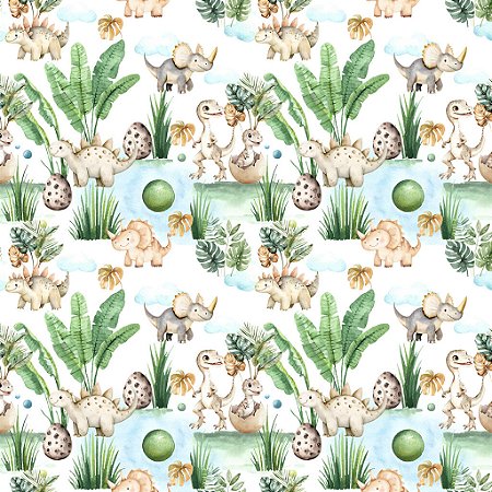 Tricoline Digital Família Dino, 100% Algodão, 50cm x 1,50mt