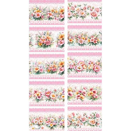 Tricoline Digital Barrado Flores Rosas Amarelas 50cm x 1,50m