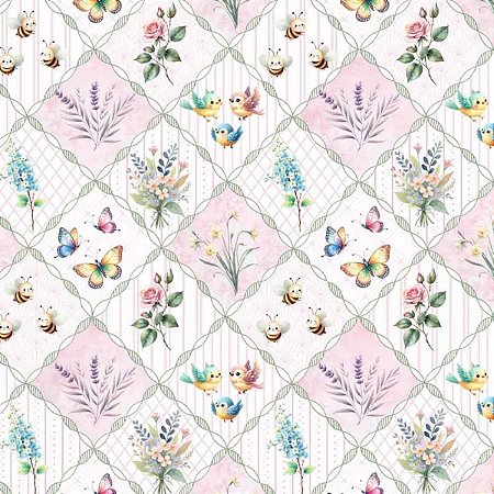 Tricoline Digital Treliças Flores e Animais, 50cm x 1,50mt