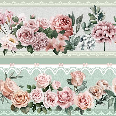 Tricoline Digital Barrado Floral Jardim de Luz 55cm x 1,50mt