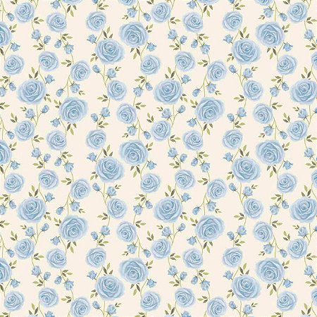 Tricoline Rosas Azul, 100% Algodão, 50cm x 1,50mt