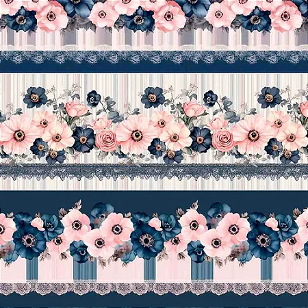 Tricoline Digital Barrado Flores Marinho e Rosa, 50cmx1,50mt