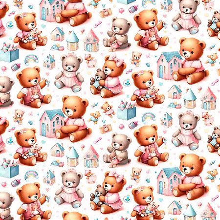 Tricoline Digital Ursinhas com Casinhas, 100%Alg 50cmx1,50mt