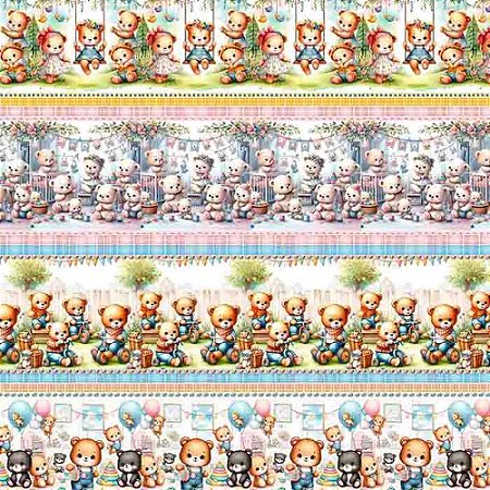 Tricoline Digital Barrado Ursinhos, 100% Algodão 50cmx1,50mt