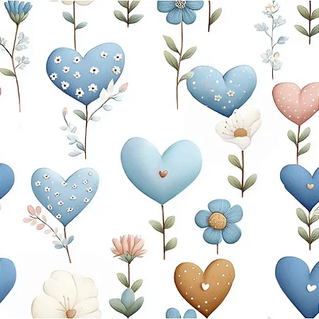 Tricoline Digital Corações Azuis, 100% Algodão 50cm x 1,50mt