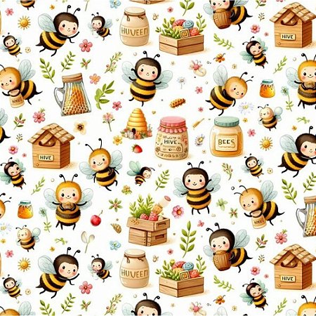 Tricoline Digital Abelhinhas, 100% Algodão, 50cm x 1,50mt