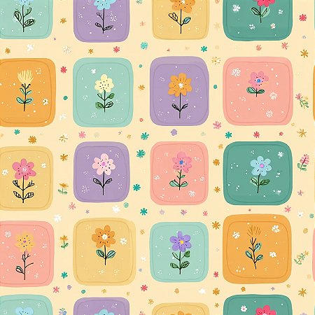 Tricoline Digital Happy Garden Quadrados, 50cm x 1,50mt