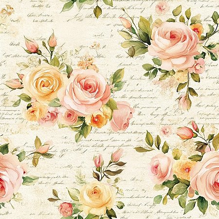 Tricoline Digital Rosas Poeme, 100% Algodão, 50cm x 1,50mt