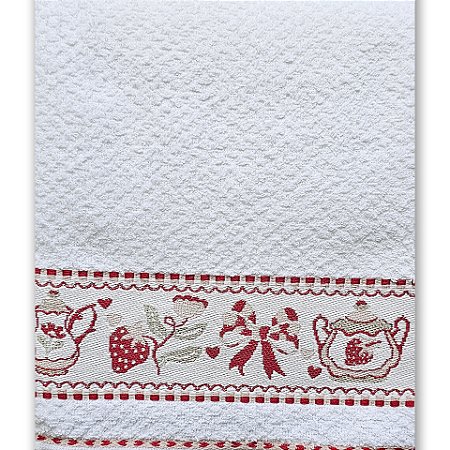 Pano de Copa Branco Felpudo com Faixa Morangos - 45cm x 70cm