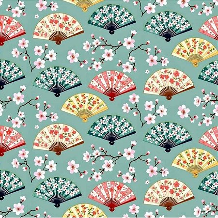 Tricoline Digital Leques, 100% Algodão, 50cm x 1,50mt