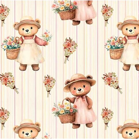 Tricoline Digital Urso Fundo Listrado 100%Alg, 50cm x 1,50mt