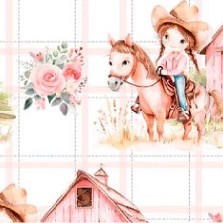 Tricoline Digital Menina e Celeiro 100%Algodão 50cm x 1,50mt