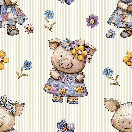 Tricoline Digital Lavender Porquinhas 100%Alg, 50cm x 1,50mt