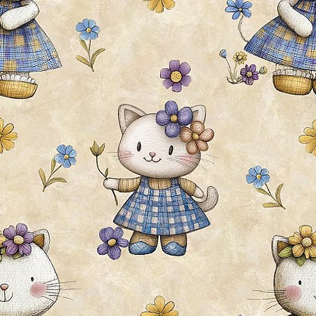 Tricoline Digital Lavender Gatinhas, 100% Alg, 50cm x 1,50mt