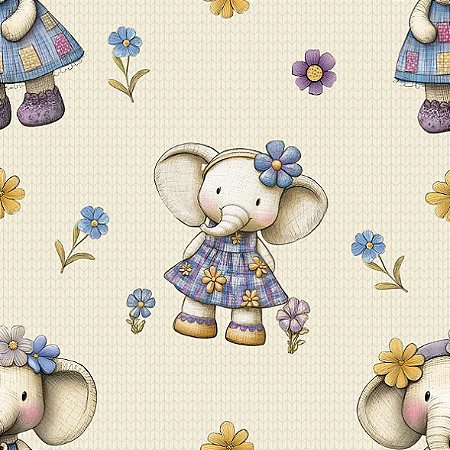 Tricoline Digital Lavender Elefantes 100% Alg, 50cm x 1,50mt