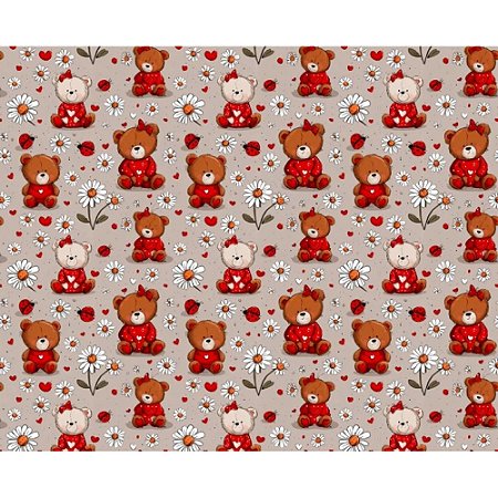 Tricoline Digital Urso com Flor, 100% Algodão, 50cm x 1,50mt