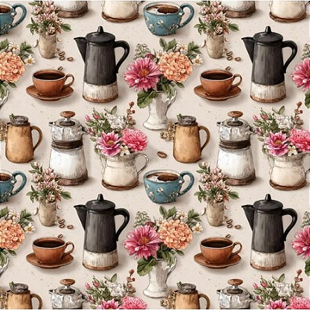 Tricoline Digital Bules e Xícaras 100% Algodão 50cm x 1,50mt