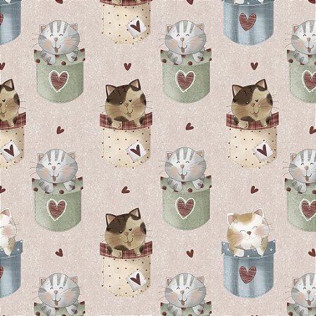 Tricoline Digital Gatinhos no Bolsinho Rosa, 50cm x 1,50mt