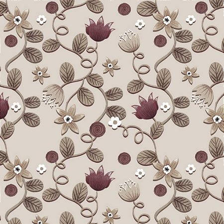 Tricoline Digital Ramos Merlot Fundo Bege, 50cm x 1,50mt