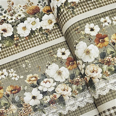 Tricoline Digital Barrado Flores Marrom, 50cm x 1,50mt