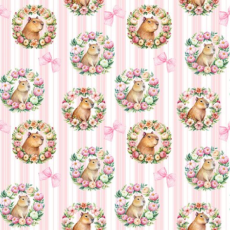 Tricoline Capivaras Floridas, 100% Algodão, 50cm x 1,50mt