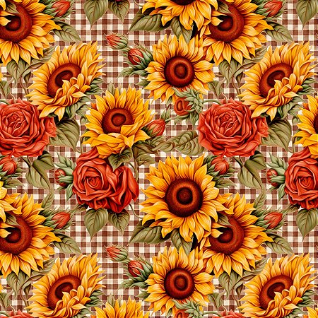 Tricoline Girassol Fundo Xadrez, 100% Algodão, 50cm x 1,50mt