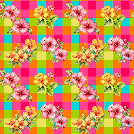 Tricoline Xadrez Florido, 100% Algodão, 50cm x 1,50mt