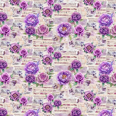 Tricoline Digital Floral Lilás, 100% Algodão, 50cm x 1,50mt