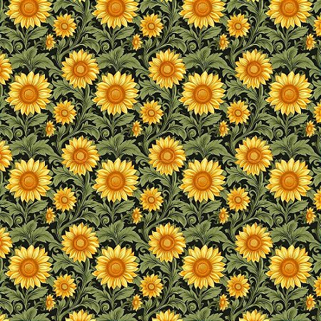 Tricoline Digital Girassol Grande Fundo Preto, 50cm x 1,50mt