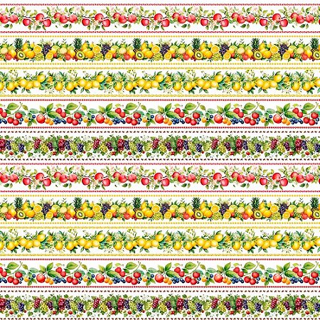 Tricoline Digital Barrado Frutas Fundo Branco, 50cm x 1,50mt