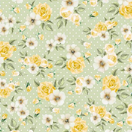 Tricoline Rosas e Malvas Verde, 100% Algodão, 50cm x 1,50mt