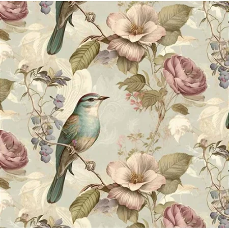 Sarja Pássaros e Rosas Fundo Cinza, 100%Alg. 50cm x 1,50mt