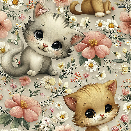 Tricoline Digital Gatinhos Fofos, 100% Algodão 50cm x 1,50mt