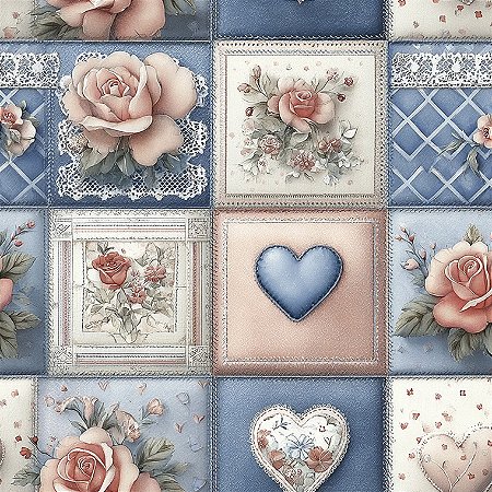 Tricoline Digital Shabby Love Patch Coração, 50cm x 1,50mt