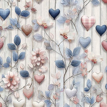 Tricoline Dig Shabby Love Coração na Madeira 50cm x 1,50mt