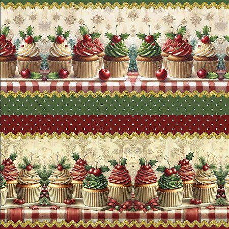 Tricoline Digital Barrado Natal Cakes, 100%Alg 50cm x 1,50mt