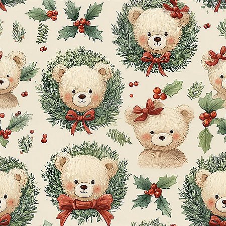 Tricoline Digital Natal Ursinhos, 100% Algodão 50cm x 1,50mt