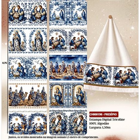 Tricoline Digital Natal Barrado Presépio Azul 50cm x 1,50mt
