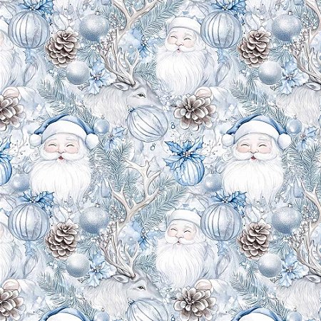 Tricoline Dig. Natal Blue Papai Noel, 100%Alg. 50cm x 1,50mt