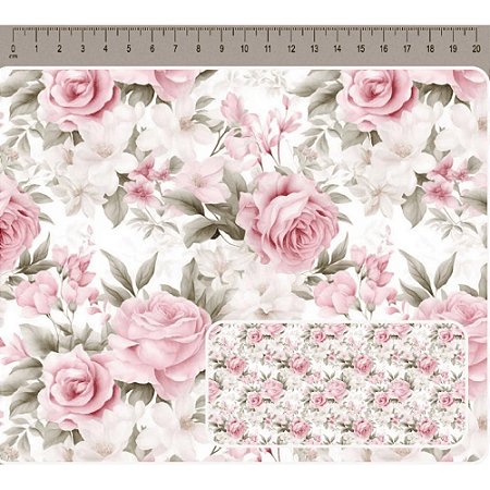 Tricoline Digital Rosas Médias, 100% Algodão, 50cm x 1,50mt
