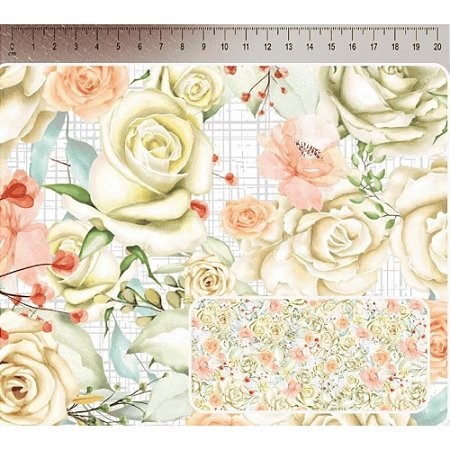 Tricoline Digital Floral Bloom, 100% Algodão, 50cm x 1,50mt