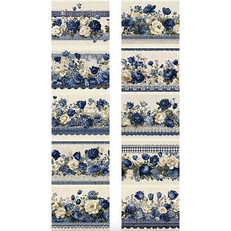 Tricoline Digital Barrado Floral Azul 100% Alg 50cm x 1,50mt