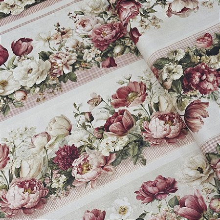 Tricoline Digital Barrado Flores Rose 100% Alg 50cm x 1,50mt