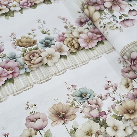 Tricoline Digital Barrado Floral Pastel 100%Alg 50cm x 1,50m