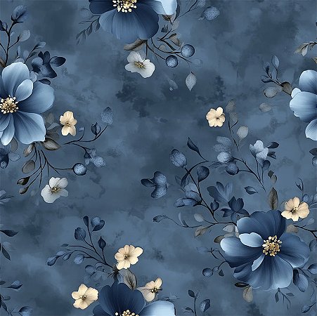Tricoline Digital Midnight Florzinhas Brancas, 50cm x 1,50mt