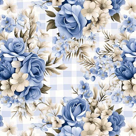 Tricoline Dig. Bloomy Floral Médio F. Xadrez, 50cm x 1,50mt